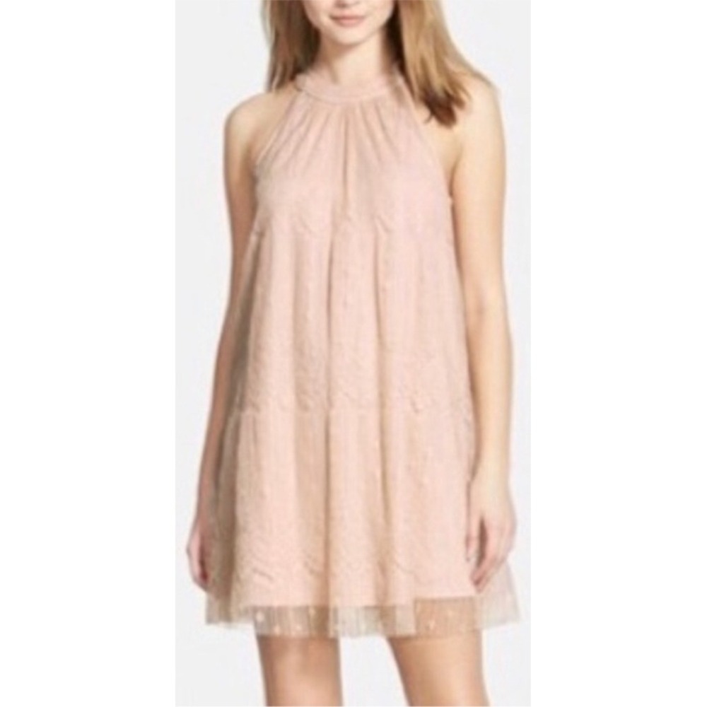 ASTR Anthropologie Beige Lace Halter Mini Dress High Neck‎ Keyhole Back Size S